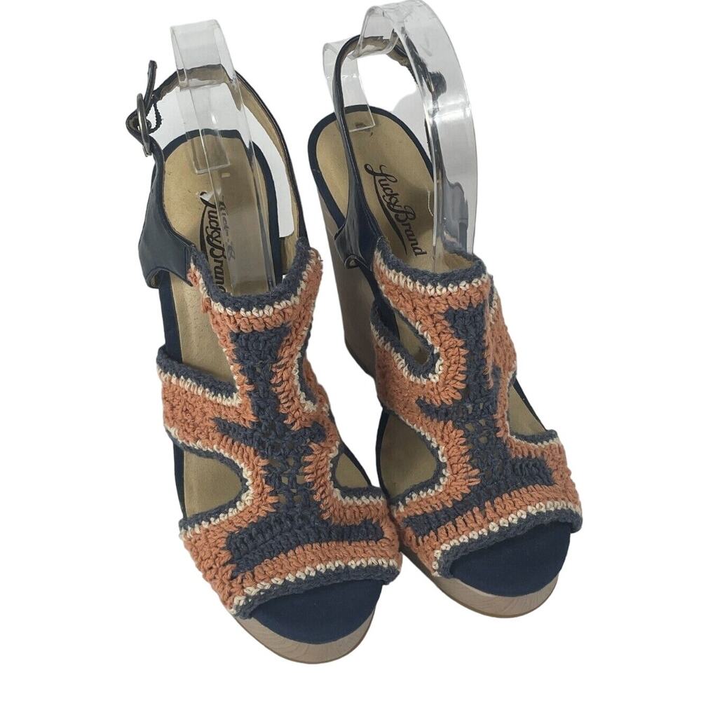 Lucky Brand Crochet Woven Pink and Blue Boho Wedges Womens Size 8